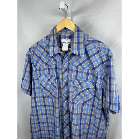 Wrangler Pearl Snap Vintage Short Sleeve Button Shirt Men's XL Blue - Picture 2 of 7